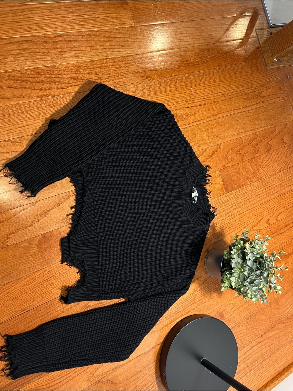 Wild Honey Black Distressed Cropped Waffle-Knit Sweater